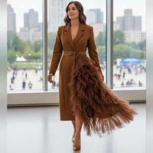 Elegant Asymmetrical  Tulle Full Length Jacket Dress in Warm Brown